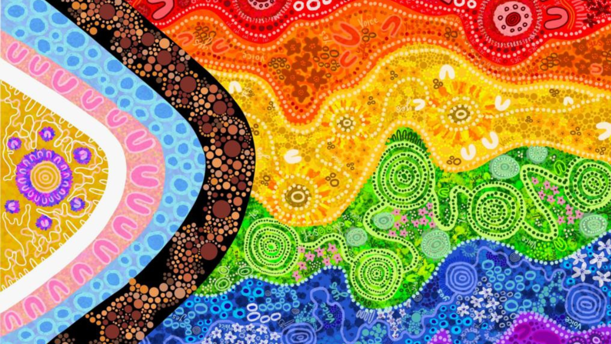This progress flag, made of journey lines and meeting places, was created by Wiradjuri and Birpai man, Wayde Clarke, to symbolise the inclusion of everyone – no matter what journey life takes you on.